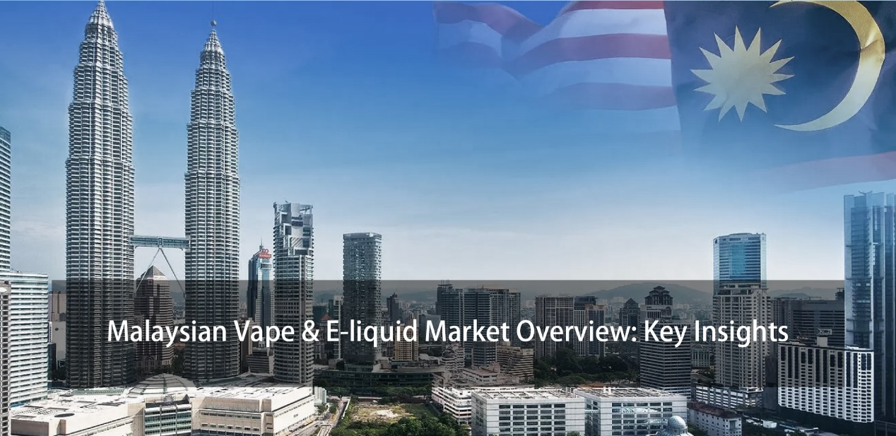 Image of Kuala Lumpur's skyline with the Petronas Towers and Malaysian flag, introducing an article titled Malaysian Vape & E-liquid Market Overview: Key Insights.
