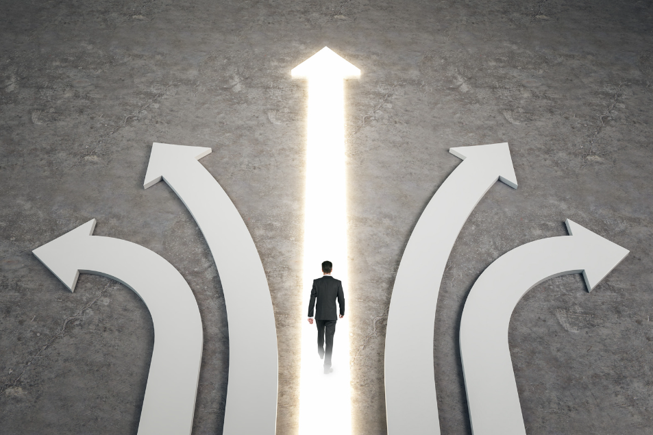 marketing-direction-success Illustration of a man walking confidently towards a bright arrow among multiple paths, symbolizing clear direction and success in marketing efforts.